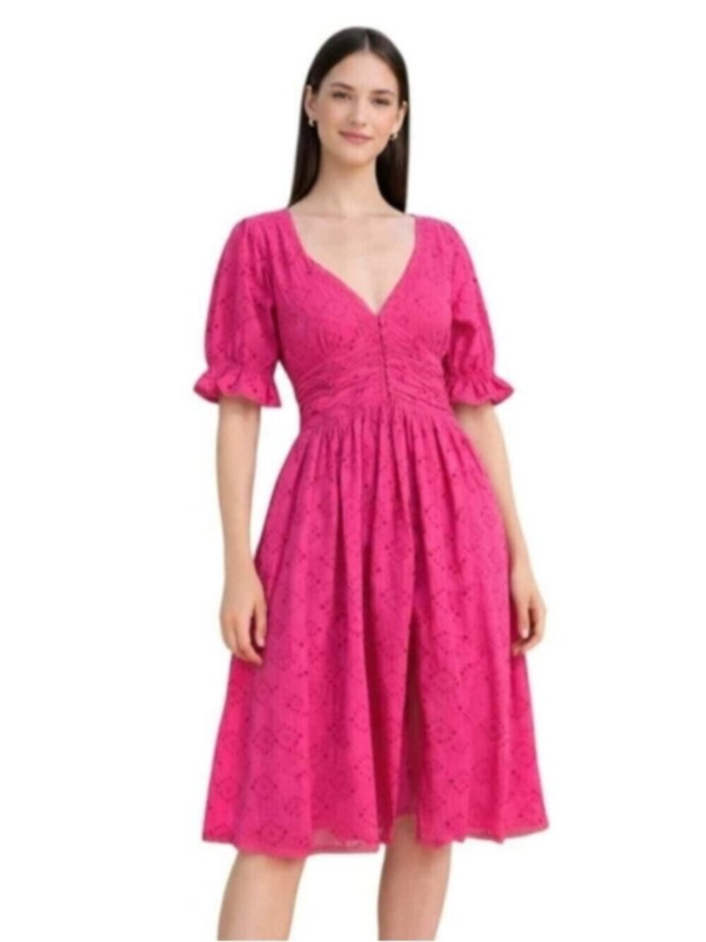 House Of Harlow V Neck Button Up Eyelet Midi Dress